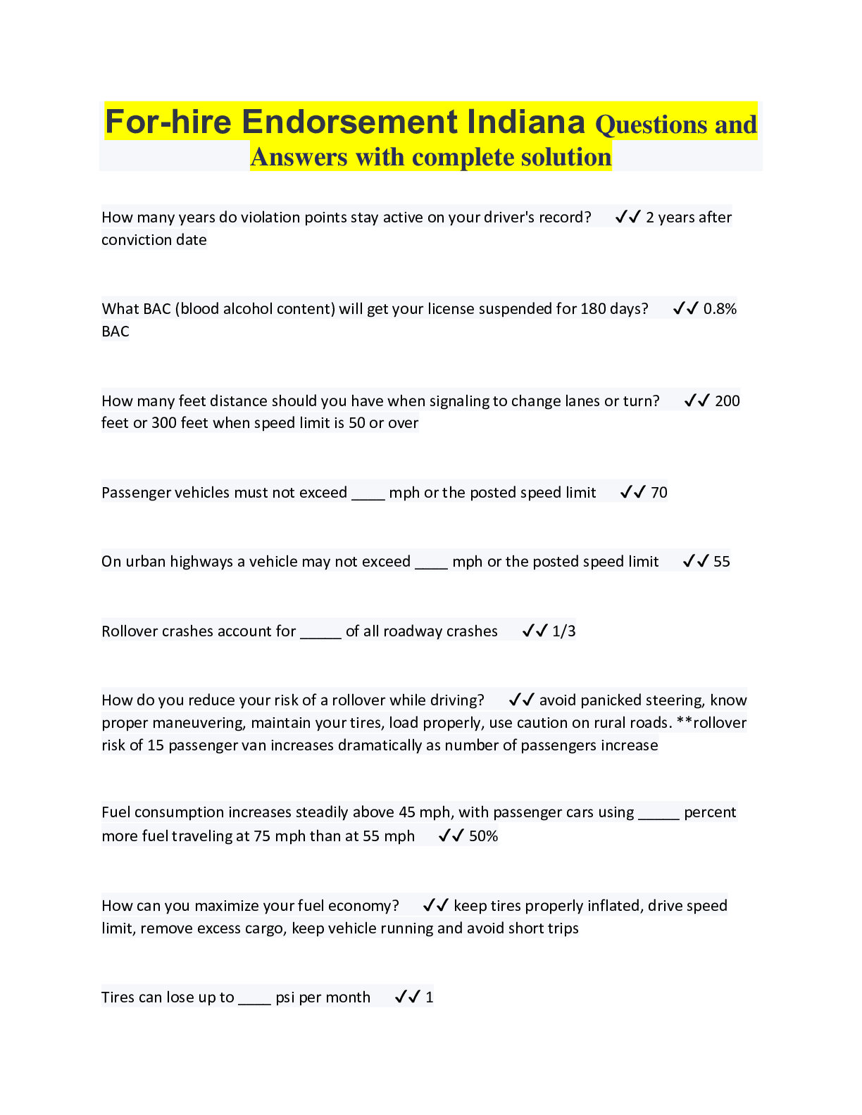 Preview image for For-hire Endorsement Indiana Questions and Answers with complete solution